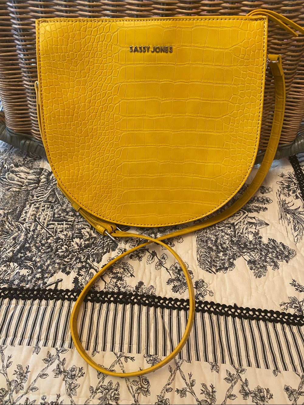 Sassy Jones Bright Yellow Croc-Embossed Half-Moon Crossbody